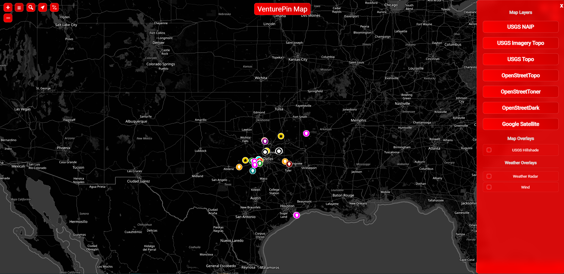 VenturePin Main Interface - Dark Theme with POI Clusters